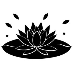 Stylized black and white illustration of a blooming water lily flower on a pad with floating petals