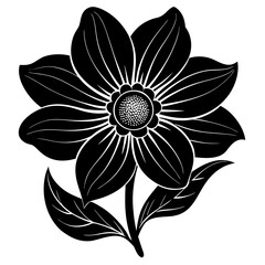 Elegant black silhouette of a dahlia flower with detailed petals and leaves on a white background