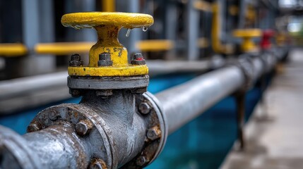 Fototapeta premium Closeup of a yellow valve on a large industrial pipe