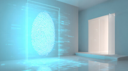 A glowing blue hologram fingerprint scanner secures a futuristic, sterile white room.
