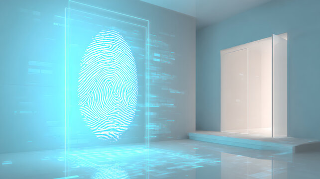 A glowing blue hologram fingerprint scanner secures a futuristic, sterile white room.
 - Powered by Adobe