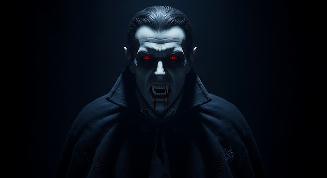 Creepy vampire with red eyes and sharp fangs in darkness
