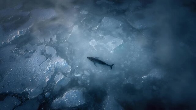 A shark swimming under ice among floating ice chunks.