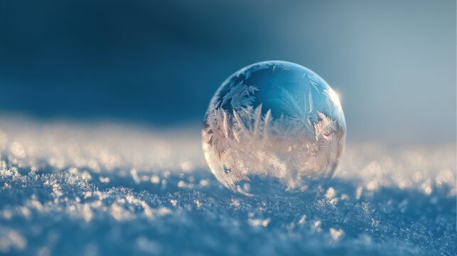 Frozen soap bubble on snow with delicate frost patterns, close up macro shot, soft blue background, morning light reflections