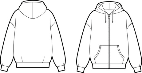 CAD drawing flat vector illustration of zip up hoodie front and back view, kangaroo pocket, drawstring hood, ribbed cuffs design © Ashik World