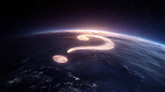giant glowing question mark hovering above planet Earth viewed from space, concept of humanity s future and environmental uncertainty, cosmic
