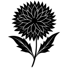 Elegant black and white silhouette of a stylized dahlia flower with detailed petals and leaves on a white background