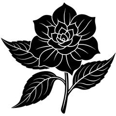 Elegant black silhouette of a blooming rose with detailed petals and leaves on a white background
