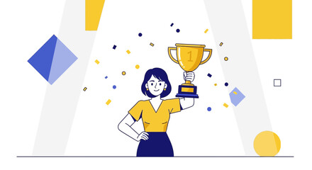 Woman Celebrating Victory and Holding Trophy, Achieving Success and Winning Achievement