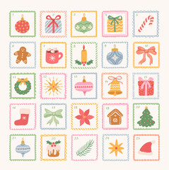 Christmas Advent calendar with holiday hand drawn elements. Cute doodle, Christmas tree, gifts box, bows, baubles, stars, gingerbread. Xmas vintage background, poster, banner, greeting card.