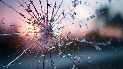 A High Resolution image of closeup of a shattered glass with a colorful sunset in the background.
