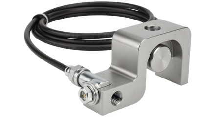Stainless steel industrial load cell or force sensor with cable isolated on white background
