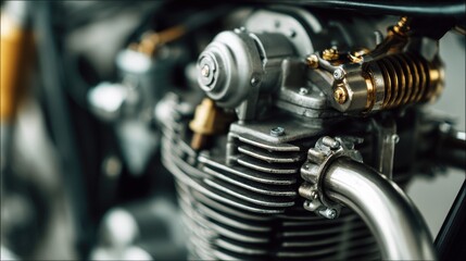 Fototapeta premium A High Resolution image of closeup of a vintage motorcycle engine with intricate details and chrome accents.