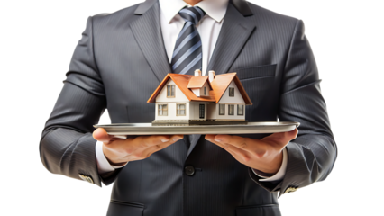 Man in a Suit, Holding a Miniature House on a Silver Tray, cutout, PNG isolated on white or transparent background