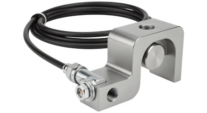 Stainless steel industrial load cell or force sensor with cable isolated on white background
