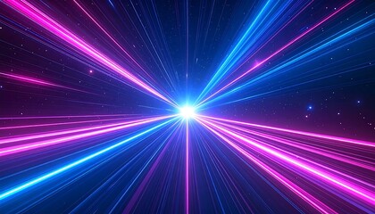 Abstract glowing pink and blue light trails converge at a bright central point against a dark cosmic backdrop