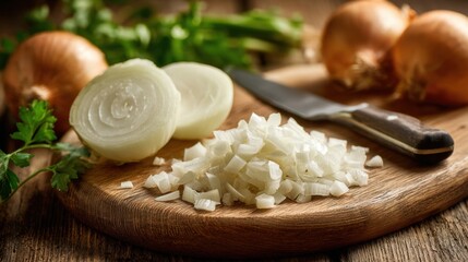 Sliced and diced onions sit alongside fresh herbs and a knife ready for meal preparation.