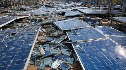 Damaged and destroyed solar panels scattered on the ground after a disaster