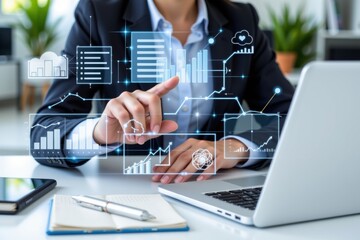 Businesswoman analyzing digital charts and business analysis data charts finance, digital, technology, virtual, interface