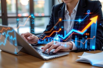 Businesswoman analyzing financial charts and data with business finance analysis technology, charts, graphs, digital, tablet