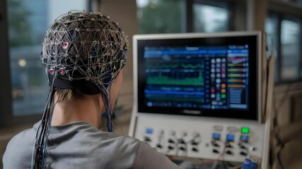 Person wearing an EEG cap with numerous electrodes, connected to a monitor displaying brain activity in a lab. - Powered by Adobe
