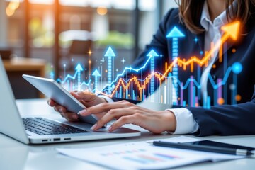 Business person analyzing financial data on tablet with business finance analytics growth technology, charts, digital, data, investment