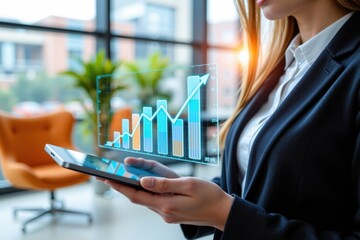 Businesswoman holding tablet with business technology finance digital data graph growth, chart, progress, success, analysis
