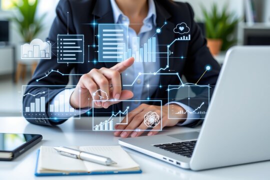 Businesswoman analyzing digital charts and business analysis data charts finance, digital, technology, virtual, interface