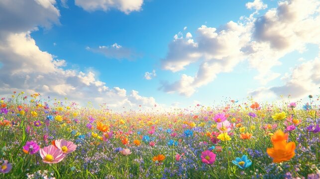 Vibrant wildflower meadow under a bright blue sky with fluffy clouds