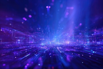 Abstract digital landscape in shades of blue and purple, with glowing light beams