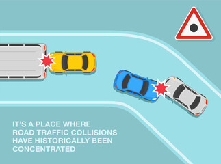 Safe driving tips and traffic regulation rules. Place where road traffic collisions have been concentrated. Black spot sign area. Top view. Flat vector illustration template.