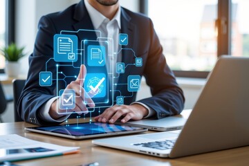 Businessman using digital tablet to approve document quality data assurance and business check control, online, information, electronic, digital