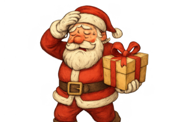 Santa claus feeling tired and stressed while carrying a christmas gift, experiencing fatigue and holiday pressure