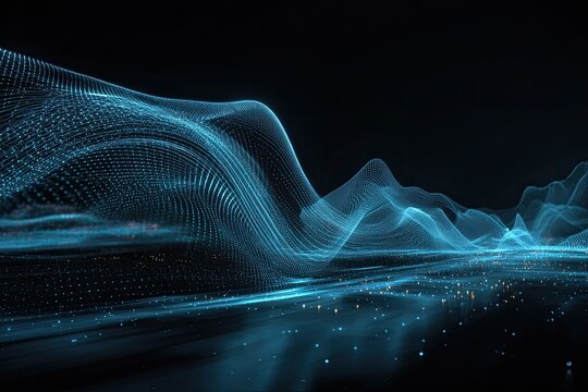 Abstract, digital wave form in shades of teal and blue, with a dark background and points of light
