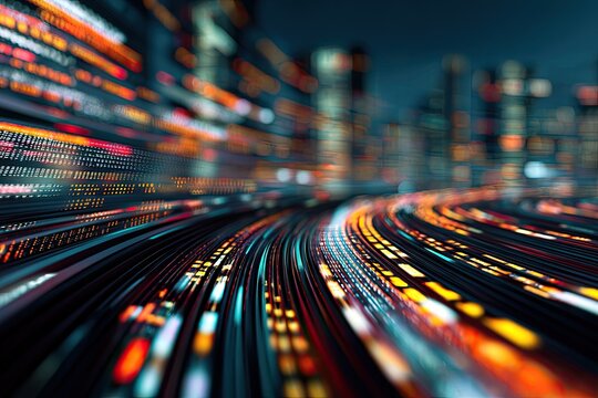 Abstract city lights at night with flowing trails, blurred motion, representing digital data