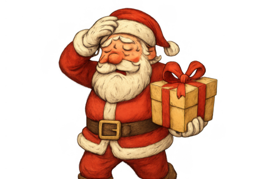 Santa claus feeling tired and stressed while carrying a christmas gift, experiencing fatigue and holiday pressure