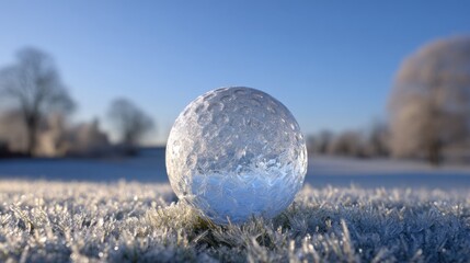 A golf ball covered in frost sits on a snowy field with a bright blue sky above. Icicles decorate the landscape, suggesting a chilly winter morning in a quiet outdoor setting.