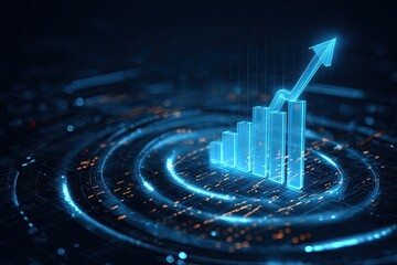 Blue digital chart displaying upward growth with an arrow, set on a background of concentric circles