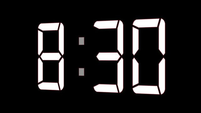 4K digital alarm clock displaying 8:30 with futuristic white design. Seamless loop animation featuring digital countdown timer, 12-hour clock dial interface, and modern time concept for presentations