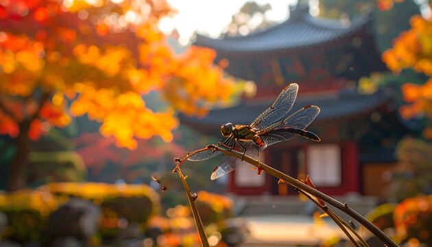 Dragonfly Perched in Golden Autumn Temple Garden