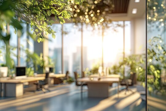 Bright open-plan office space with large windows and natural light; greenery adds a fresh feel