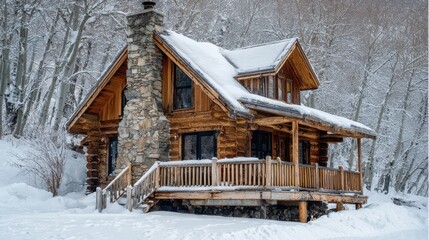 A High Resolution image of cozy log cabin nestled in a snowy forest during winter.