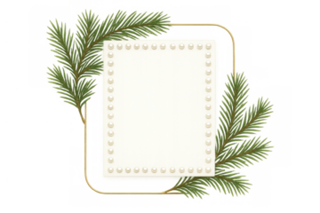 White pearl border paper card with golden frame and pine branches for christmas invitation or holiday greeting
