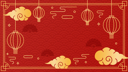 2026 Chinese New Year background. Festive chinese background with lanterns, clouds, waves, and traditional patterns.