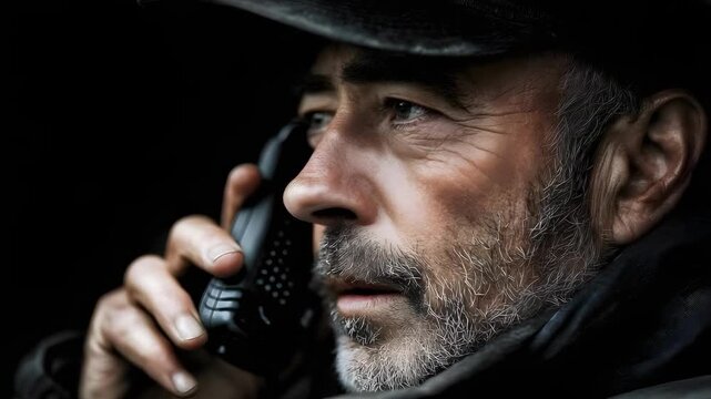 A bearded man in a cap speaks into a handheld radio, eyes focused in a dark, tense moment.
