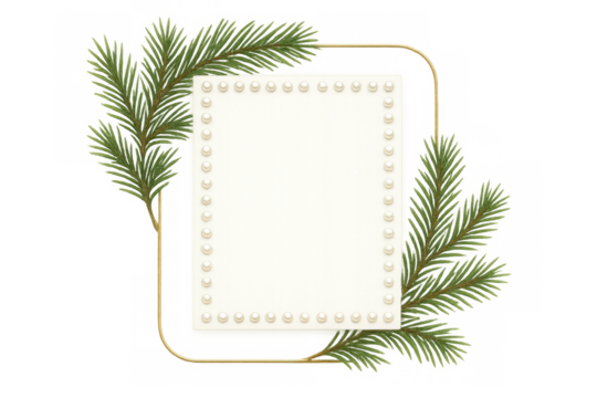 White pearl border paper card with golden frame and pine branches for christmas invitation or holiday greeting
