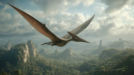 A pterosaur glides gracefully above a vibrant green valley. Towering rocky formations rise in the background under a cloudy sky, creating a dramatic landscape scene during the day.