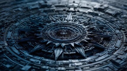 Intricate circular metallic disk with a starburst center and layered concentric rings, like a futuristic compass or gear. - Powered by Adobe