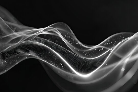 Black and white abstract image of glowing wavy lines and tiny floating particles