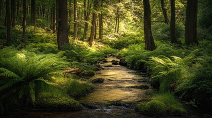 Fototapeta premium Sunlight streams through a lush green forest with a small stream